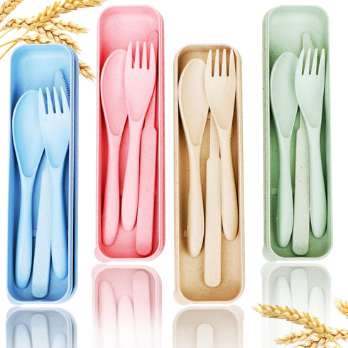 Reusable Travel Utensils Set with Case, 4 Sets Wheat Straw Portable Cutlery for Kids Adults, Eco-Friendly (Green,