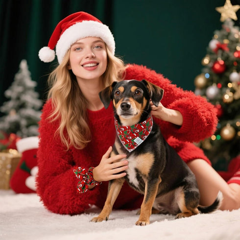 Set E-Clover Christmas Dog Bandanas & Matching Scrunchie Green Red Dog Scarf Bibs Pet Bandana with Bow Tie for Medium
