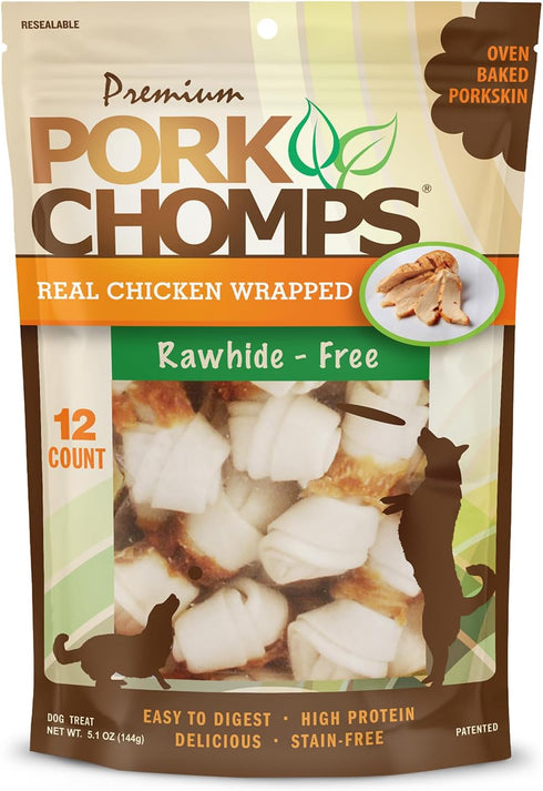 Pork Chomps Baked Pork Skin Dog Chews, 2.5-inch Mini Knots, Real Chicken