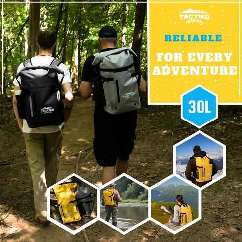 TACTIKO 30L Heavy-Duty 100% Waterproof Backpack - Marine Roll Top Floating Dry Bags for Hiking, Jet Black