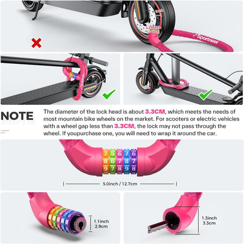Sportneer Bike Lock: 5 Digit Combination High Security Anti Theft Chain Lock - 3.2ft Heavy Duty Keyless Bicycle Lock
