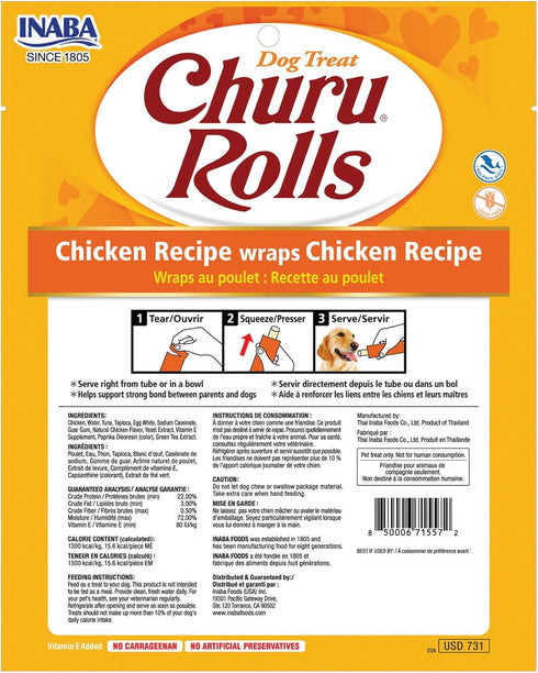 0.42 48 (8 Pack), INABA Churu Rolls for Dogs, Grain-Free, Soft/Chewy Baked Chicken Wrapped Churu Filled Dog Treats