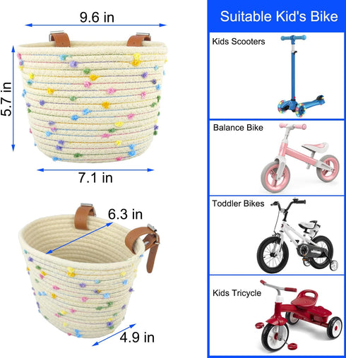 Kids Bike Basket - Woven Sisal Rope Bicycle Basket for Boys and Girls, Cute Decorative Accessories for Kids Bikes
