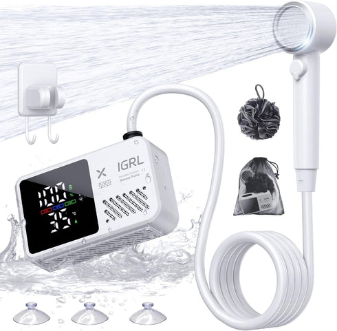 IGRL Portable Shower for Camping, Powerful 10L/Min Water Flow, Rechargeable Shower Pump