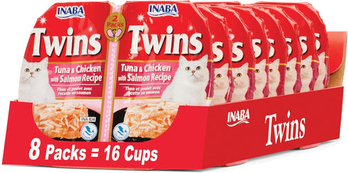 INABA Twins for Cats, Grain-Free Shredded Chicken & Broth Gelée Cups, Tuna & Chicken Recipe, 16 Count