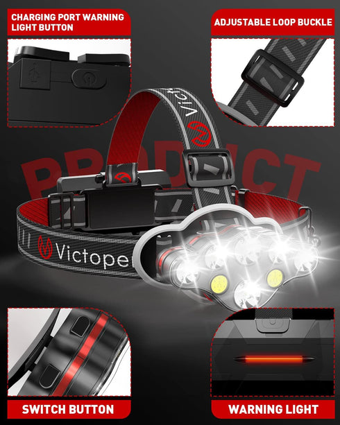 Victoper Rechargeable Headlamp, 8 LED High Lumen Super Bright USB Waterproof Head Flashlight