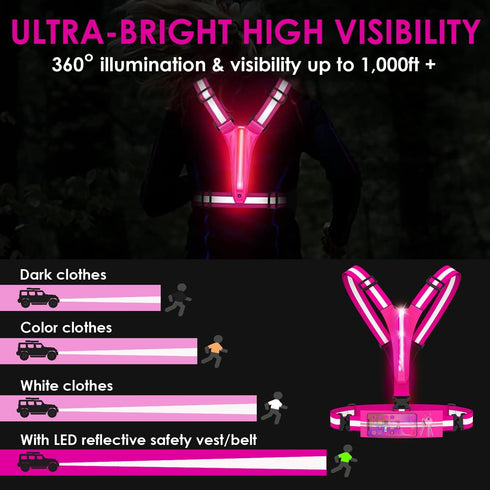 LED Reflective Running Vest - High Visibility Gear with Zipper Bag, Rechargeable Light Up for Walking, Cycling