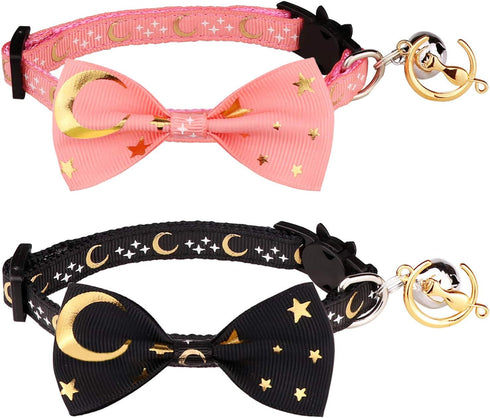 2 PCS Breakaway Cat Collar with Bow Tie and Bell, Golden Moon Glowing Star in The Dark for Kitten