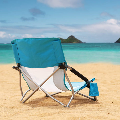 HAUSHOF Low Beach Chair, Mesh Back Folding Chair, Lightweight Low Seat Camping Chairs with Cup Holder, Carry Bag