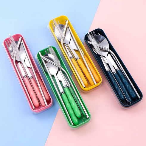 Facune 4 Colors Portable Travel Utensils with Case, Reusable Stainless Steel Cutlery Include Knife Fork Spoon Straw