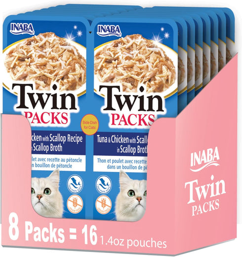 Inaba Twin Packs for Cats, Shredded Chicken & Broth Gelée Side Dish/Topper Pouch, 1.4 Ounces per Serving, 16 Servings,