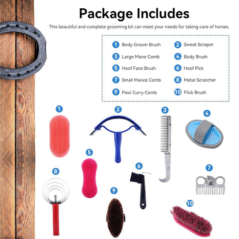 Beufee 10 Set Set Pieces Horse Grooming Kit, Tack Room Supplies Horse Brush Horse Bathing Supplies for Horse Riders
