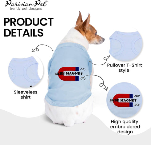 Parisian Pet Dog Tshirt - Blue “Babe Magnet” Embroidered Tank Top, Lightweight Cotton Tee for Small Dogs