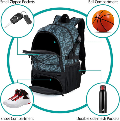 WOLT Basketball Equipment Backpack - Large Sports Bag with Separate Ball Holder & Shoes Compartment (Camouflage Grey)