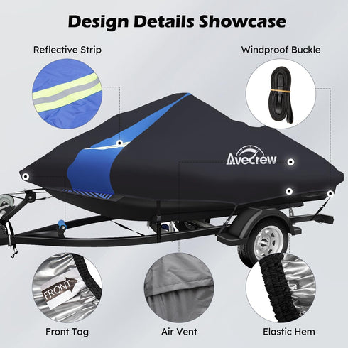 Jet Ski Cover Waterproof - 250D Trailerable PWC Cover Fits Yamaha Seadoo Kawasaki Boats with Two Air Vents