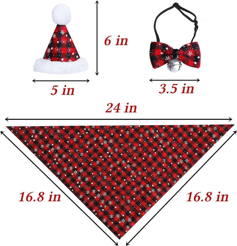 STMK Christmas Snowflake Dog Bandana Costume, Classic Plaid Scarf Hat Bow Tie with Bell Decoration for Pets