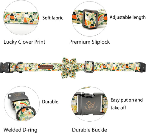 Elegant little tail St. Patrick's Day Dog Collar, Dog Collar with Flower, Green Clover Dog Collar Pet Gift Dog Flower Adjustable Dog Collar for Small Dogs