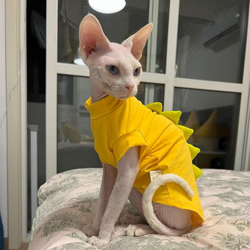 Dinosaur Design Sphynx Hairless Cat Clothes - L (6-8.8 lbs) | Cute Breathable Summer Cotton Shirts, Cat Costume