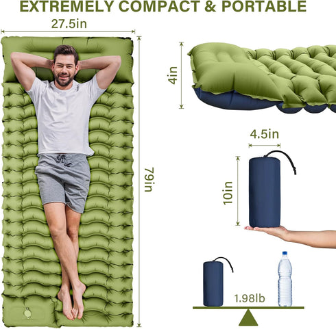 Yuzonc Camping Sleeping Pad, Ultralight Camping Mat with Pillow, Built-in Foot Pump, Compact for Hiking