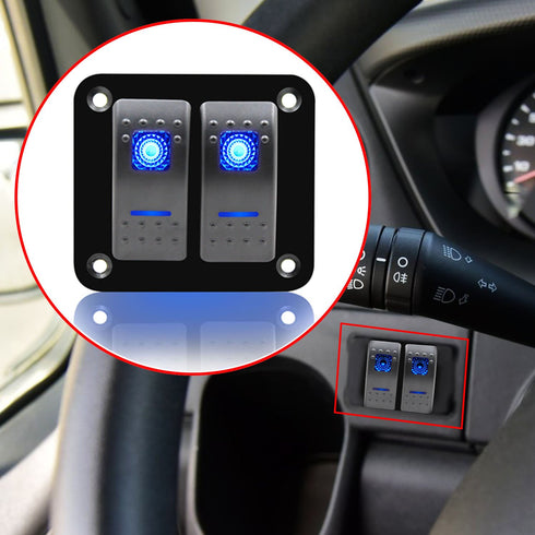 FXC Rocker Switch Aluminum Panel, 2 Gang Toggle Switches Dash, 5 Pin ON/Off, 2 LED Backlit for Boat Car Marine Blue