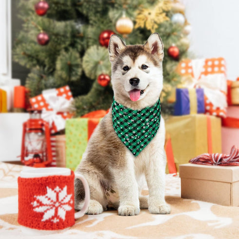 Malier 2 Pack Dog Bandana Christmas Classic Plaid Snowflake Scarf Set for Small Medium Large Dogs (Green + Red)