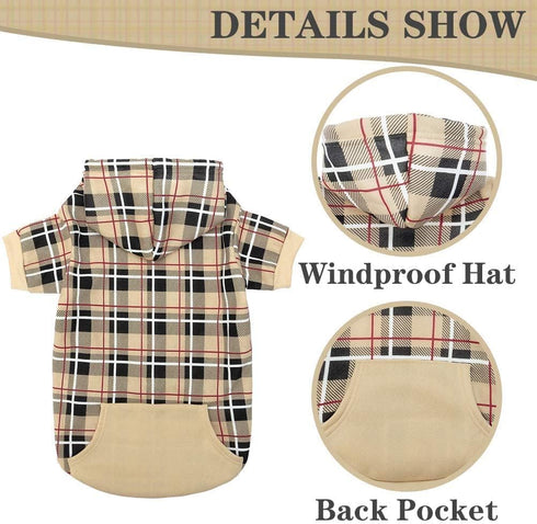 EXPAWLORER Plaid Dog Hoodie - British Style Warm Sweater Shirt with Leash Hole for All Breeds