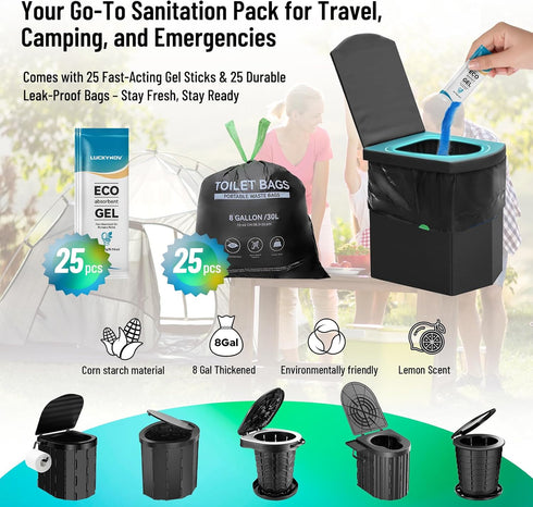 LuckyNov 25 25 8 Pack Portable Toilet Bags with Poo Gels, Gallon Leak-Proof Camping Toilet Waste Bags Absorbent Gel