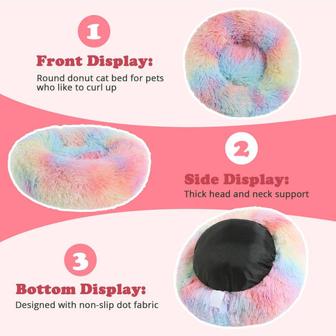JOLLYVOGUE Calming Donut Dog Bed 20" for Small Dogs and Cats, Anti-Anxiety Washable Fluffy Faux Fur Cuddler