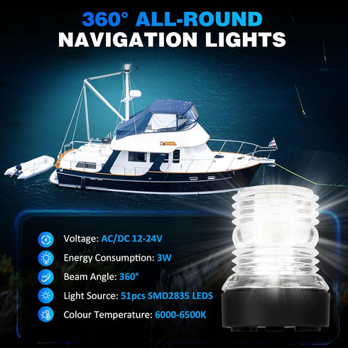 3NM 360 Sailboat, Mast Head Anchor Light, Visibility Boat All Round Light, White LED Boat Navigation Lights for Marine