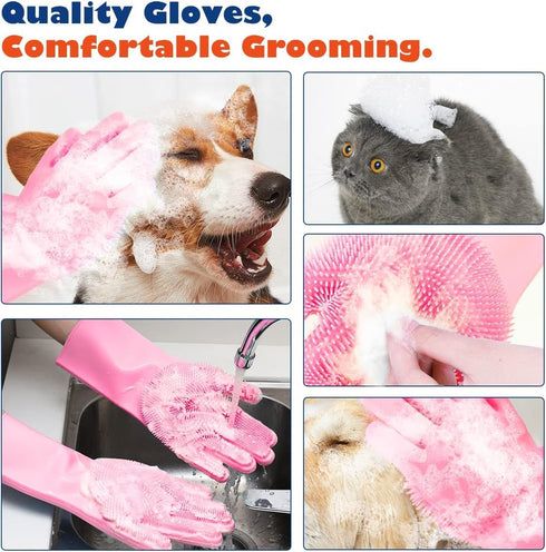Sene Pet Grooming Gloves, Silicone Bathing Supplies for Dogs and Cats, High Density Teeth Scrubber (Pink)