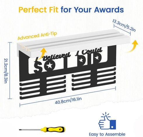 25 Medal Holder Display Trophy Shelf Organizer, Sturdy Wooden Race Award Hanger Rack with Steel Hooks, Wall Mount