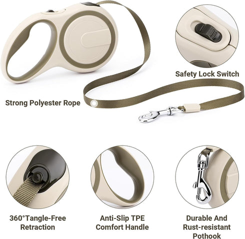 OUTnWILD Retractable Dog Leash - Retractable Dog Leash 16ft for Small/Medium Breeds/Pets Up to 44lbs. 360° Tangle Free Design with One Touch Quick-Lock Braking System&Anti-Slip Handle. (Khaki)