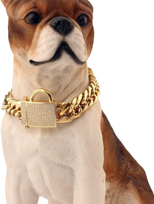 Strong Double Cuban Link Gold Dog Chain Collar with Zirconia Lock, Stainless Steel 16MM for Medium Large Dogs (24'')