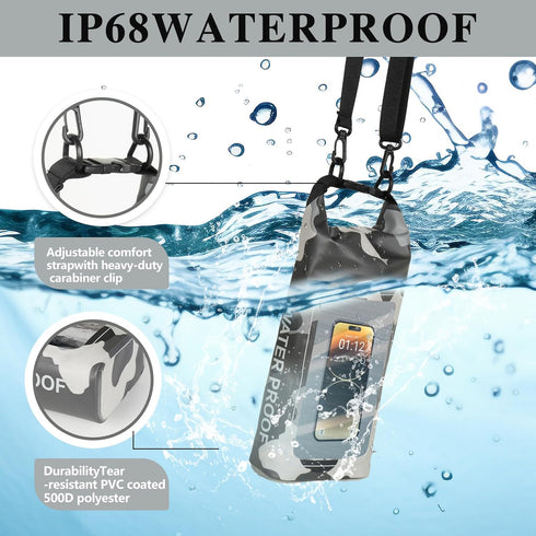 IP68 Waterproof Dry Bag 2L, Roll Top Pool Bag with Phone Pouch for Kayaking, Boating Accessories