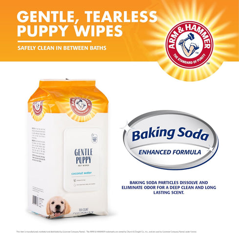 Arm & Hammer Gentle Puppy Bath Wipes, Coconut Water, 100 Count Pack of Pet Wipes