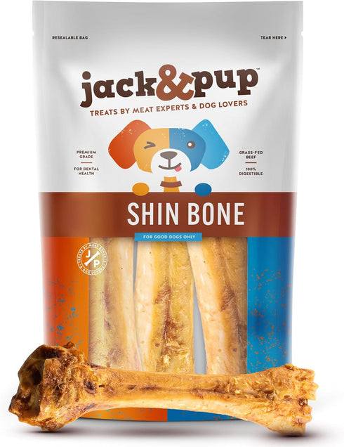 Jack&Pup Roasted Meaty Beef Shin Bone Dog Treats - 8-11” Long Lasting All Natural Gourmet Chews (3 Pack)