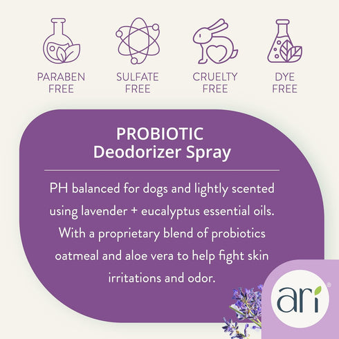 (8 oz) Ari Probiotic Deodorizer Spray for Dogs Lavender & Eucalyptus Scent pH-Balanced, Long-Lasting Freshness