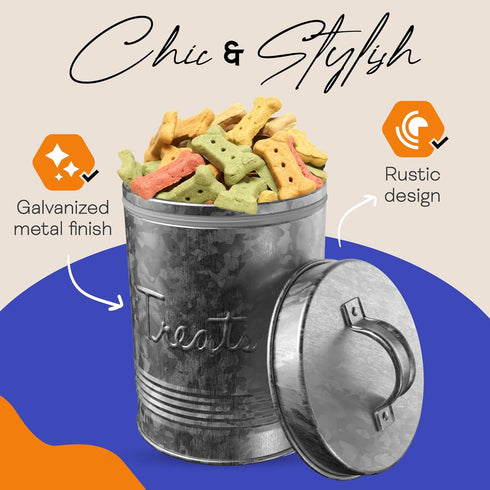 Amici Pet Retro Treats Galvanized Relief Lettering Metal Storage Canister, Food Safe, 72 Ounces