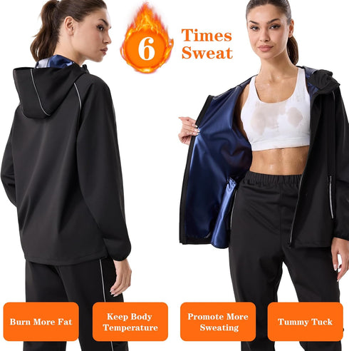 Women's Sauna Suit Sweat Jacket Pants Anti Rip Sweat Suits for Gym Workout Long Sleeve Tops Sweat Suits Sauna Shirt