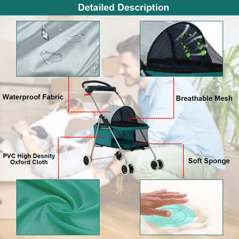 Travel-Friendly Folding Pet Stroller for Cats and Dogs - Teal
