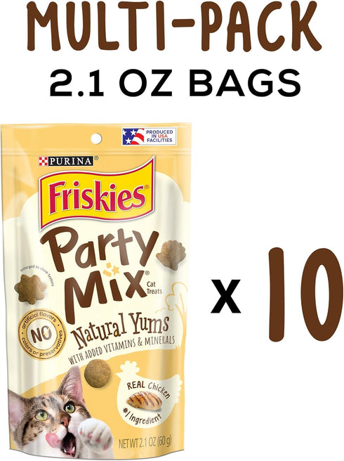 (Pack 10) 2.1 oz. Purina Friskies Natural Cat Treats, Party Mix Natural Yums With Real Chicken & Vitamins, Minerals