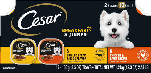 CESAR Adult Wet Dog Food Classic Loaf in Sauce, Breakfast and Dinner Variety Pack (Pack of 12)