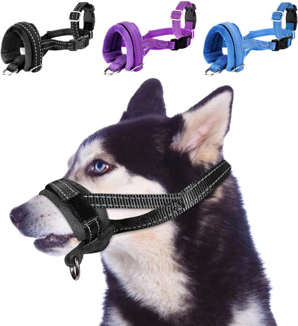 SlowTon Adjustable Soft Dog Muzzle, Padded Nylon Muzzle for Large Medium Dogs, Anti Chewing Barking Biting (Black, S)
