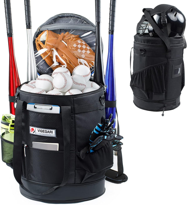 VIGERARI Baseball Bucket Bag, Coaches Bag, Expandable Softball Bucket Bag with Padded Seat, Baseball Gear Organizer