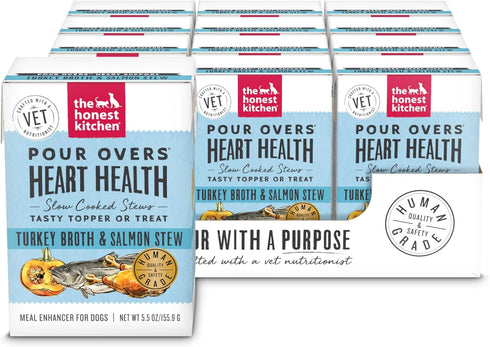 The Honest Kitchen Functional Pour Overs, Heart Health Turkey Broth & Salmon Stew Dog Food Topper, 5.5 oz x12