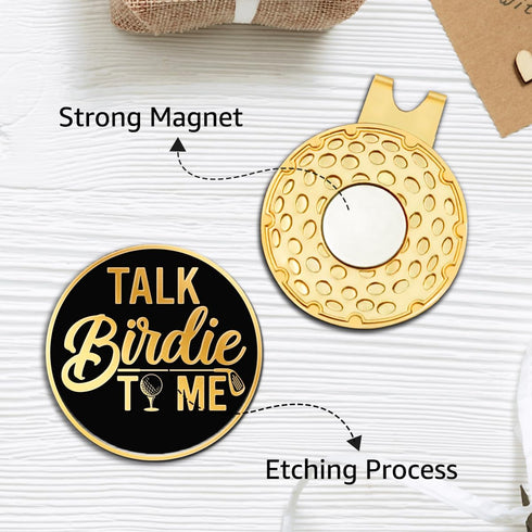 Talk Birdie to Me Black Gold Golf Ball Marker with Hat Clip, Funny Golf Accessories for Men, Women, Golf Gifts