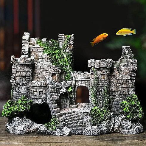 Ancient Castle Design Resin Aquarium Decoration, Stone Cave Hide House for Betta, Shrimp, Turtle