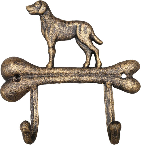 Dog Leash Holder, Cast Iron, Antique Bronze, Wall Mount, 2 Hooks, 6.9x6.9x1.8 inches, AR001