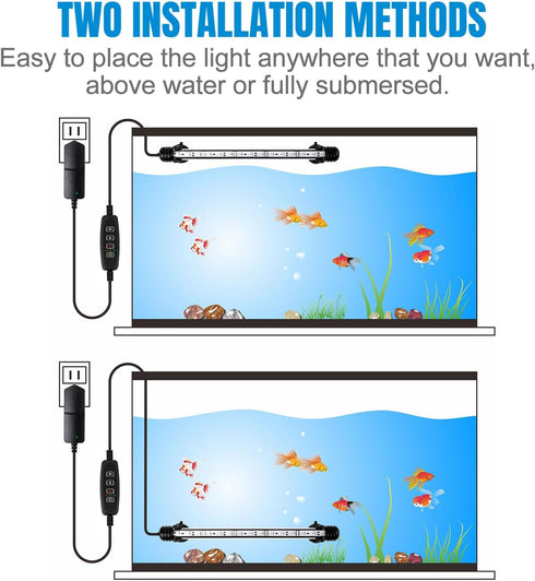 iKefe 15" White & Blue Submersible LED Aquarium Fish Tank Light with Timer, Dimmable for Saltwater Freshwater