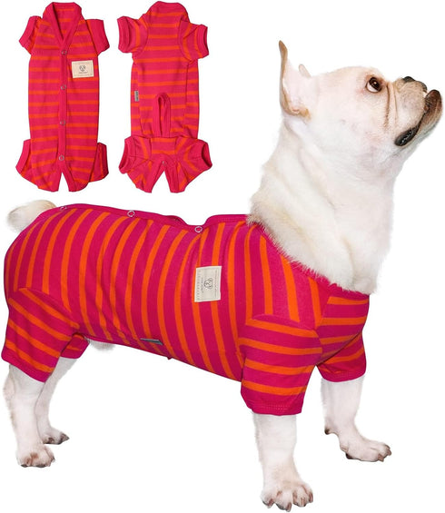 TONY HOBY Dog Pajamas, Female/Male Jumpsuit with Stripes for Comfortable Sleep, Rose Red & Orange, XS